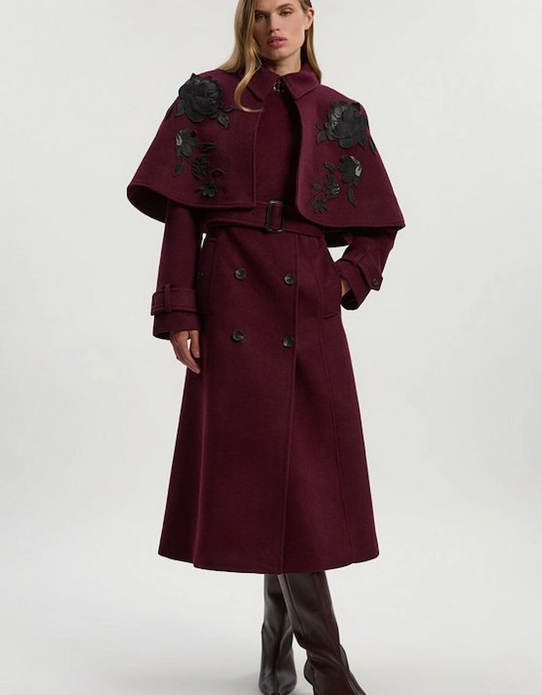Brushed Wool Pu Mix Placed Floral Embroidery Applique Tailored Cape Full Skirted Midi Coat, 2 of 1