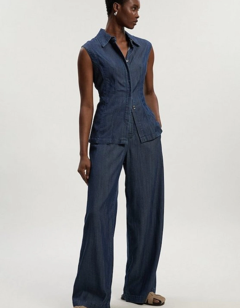 Chambray Stretch Denim Wide Leg Trouser