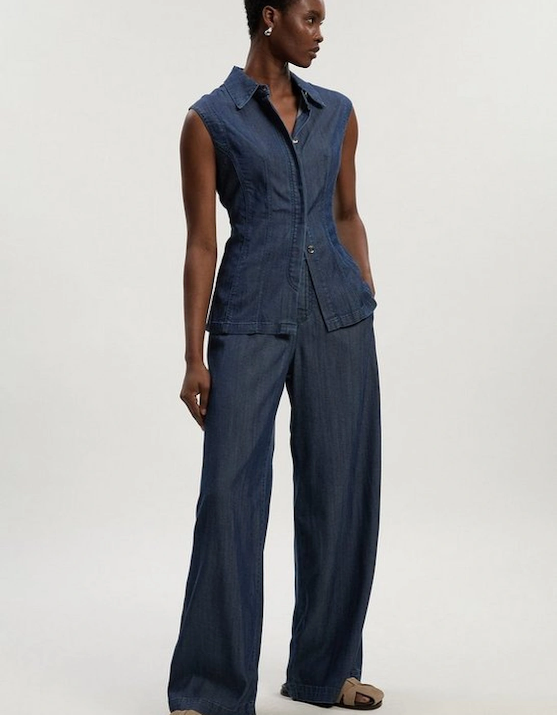 Chambray Stretch Denim Wide Leg Trouser, 2 of 1