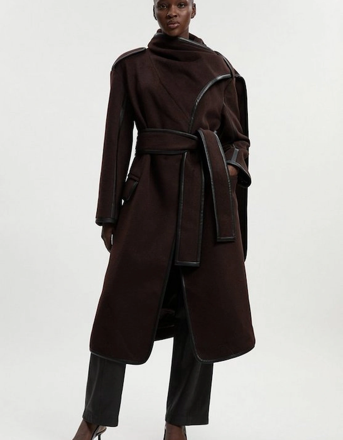 Brushed Wool Pu Mix Scarf Neck Belted Tailored Maxi Coat, 2 of 1