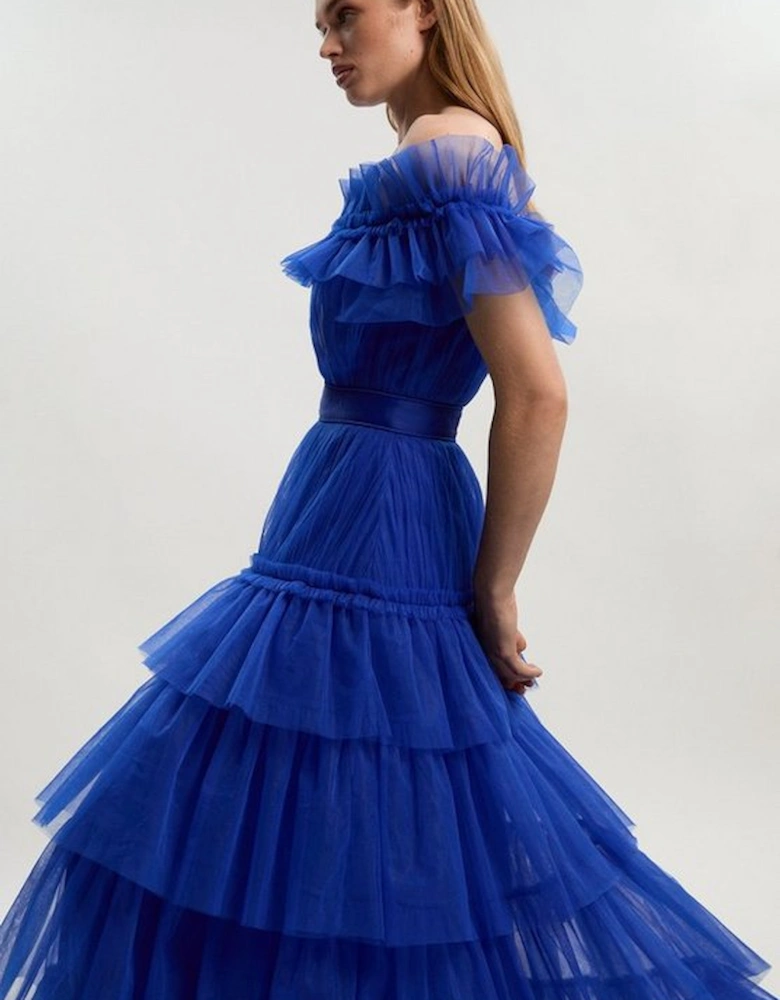 Tulle Layered Off the Shoulder Maxi Dress