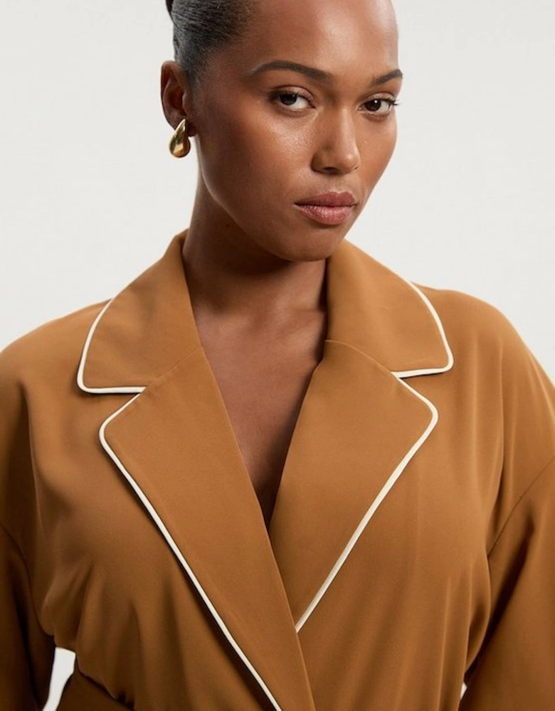 Plus Size Contrast Tipping Tie Waist Woven Trench Jacket