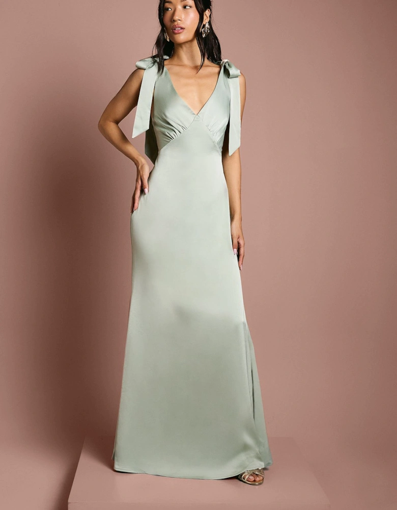 Honoured Petite Satin Back Crepe V Neck Tie Shoulder Maxi Bridesmaid Dress