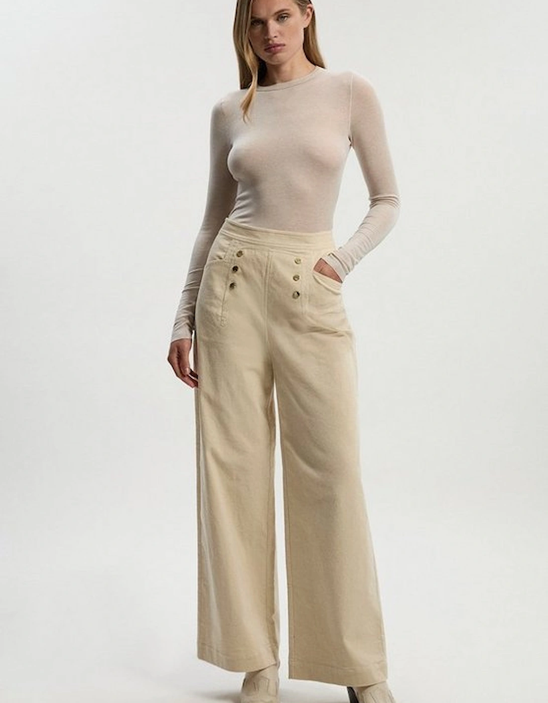 Stretch Cord Button Front Wide Leg Trouser, 2 of 1