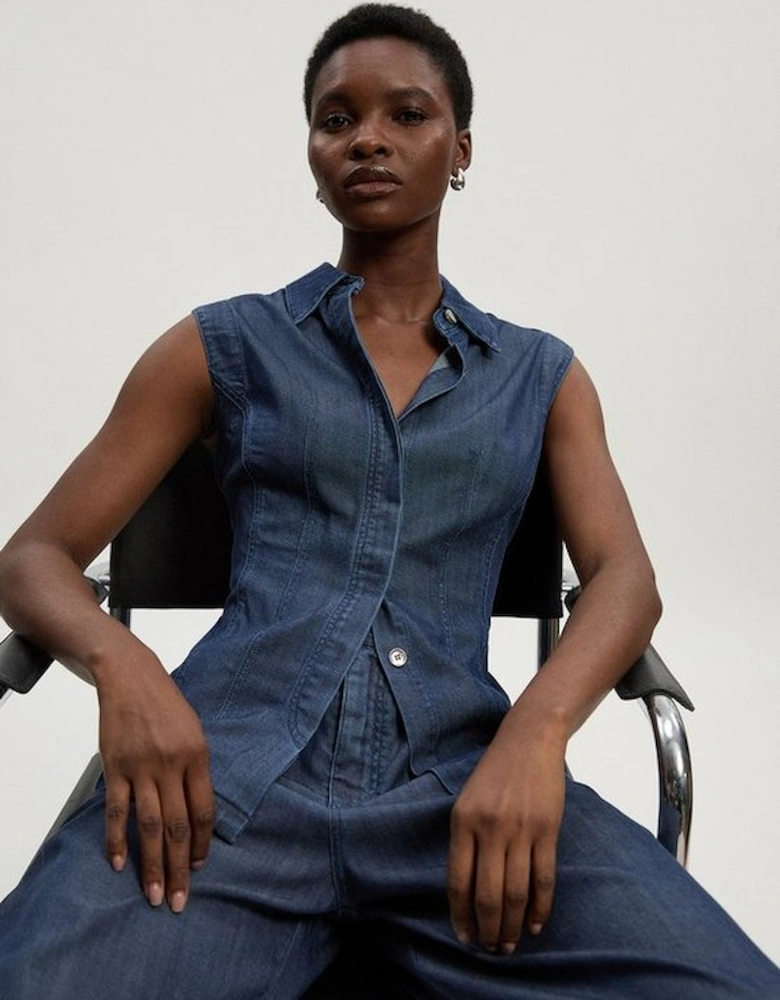 Chambray Stretch Denim Sleeveless Collared Top
