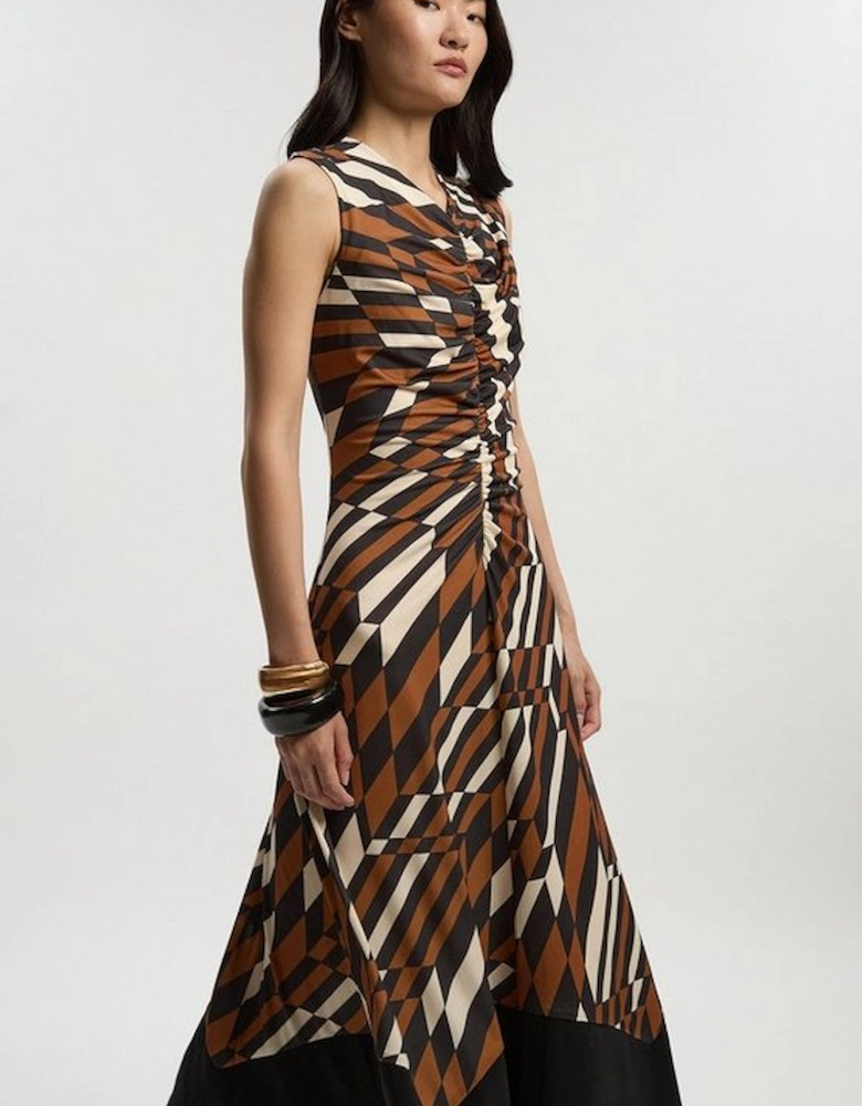 Geo Printed Jersey Crepe Hanky Hem Maxi Dress