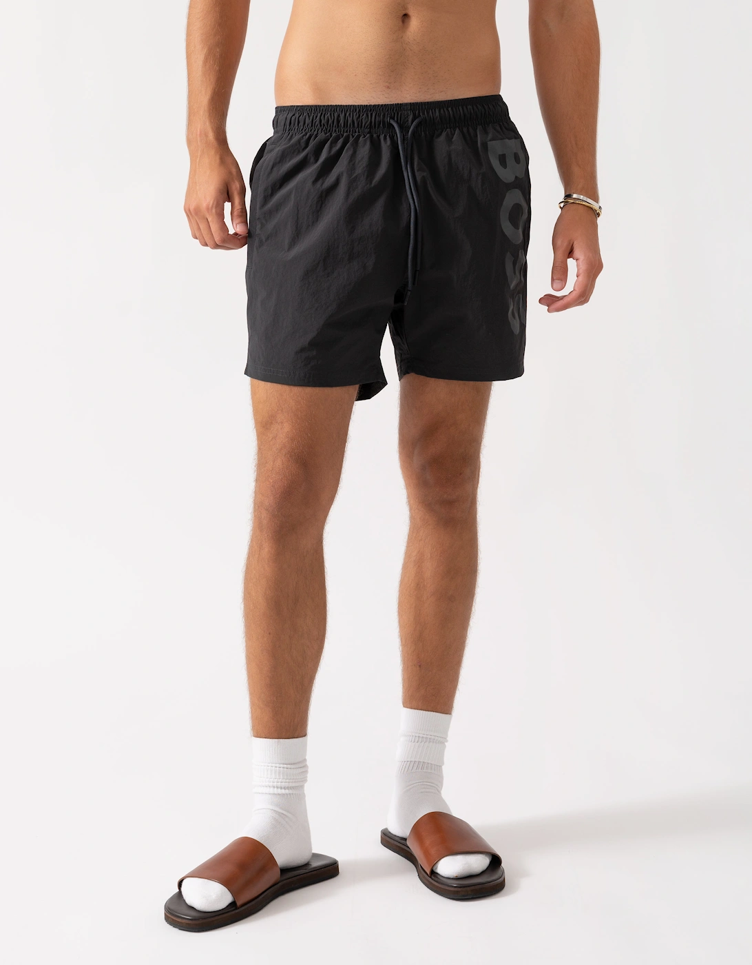 Men's BOSS Orange Octopus Mens Contrast Logo Swim Shorts in Quick-Drying Fabric - Dark Grey 022 - Black/Black - Size: 35/34/32