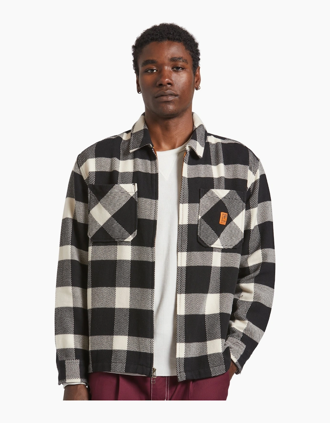Brixton Men's Off White Black Union Full Zip Flannel Bomber Jacket - Size: 38/Regular
