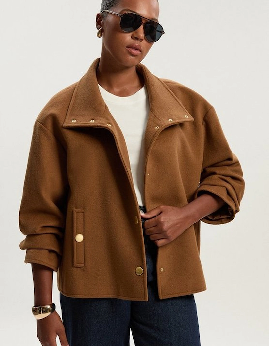Plus Size Brushed Wool Funnel Neck Tailored Short Coat, 2 of 1