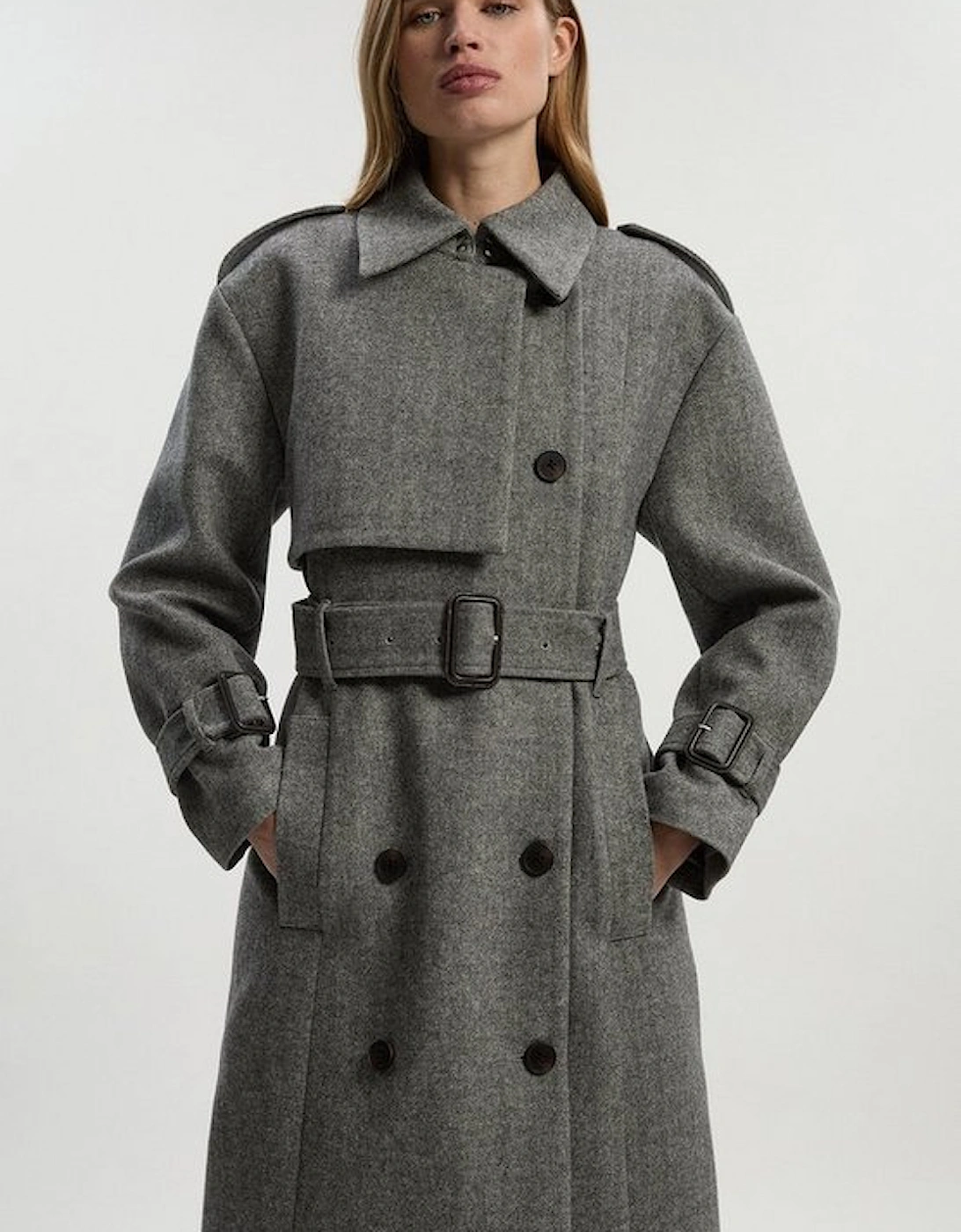 Herringbone Wool Belted Trench Tailored Maxi Coat, 2 of 1