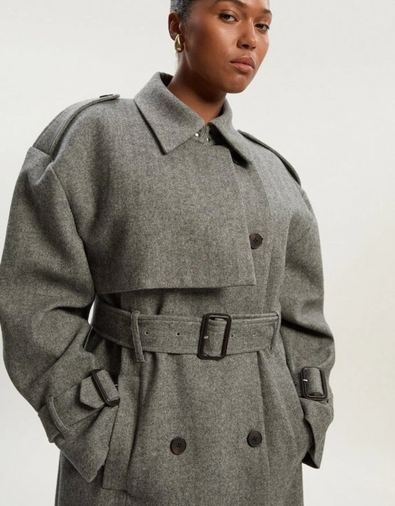 Plus Size Herringbone Wool Belted Trench Tailored Maxi Coat