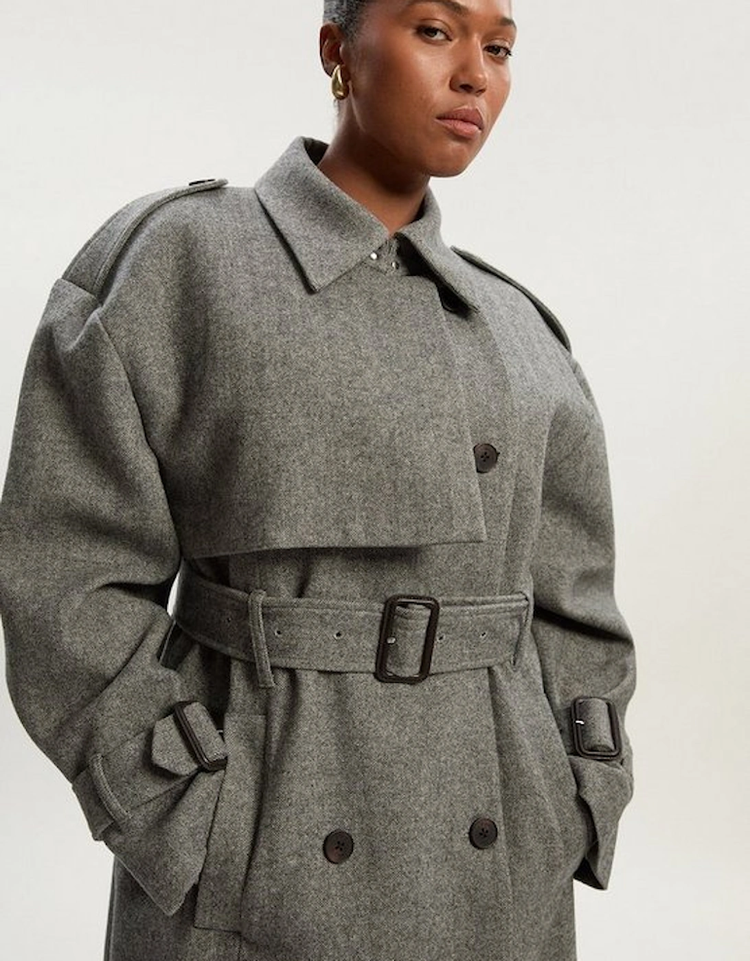 Plus Size Herringbone Wool Belted Trench Tailored Maxi Coat, 2 of 1