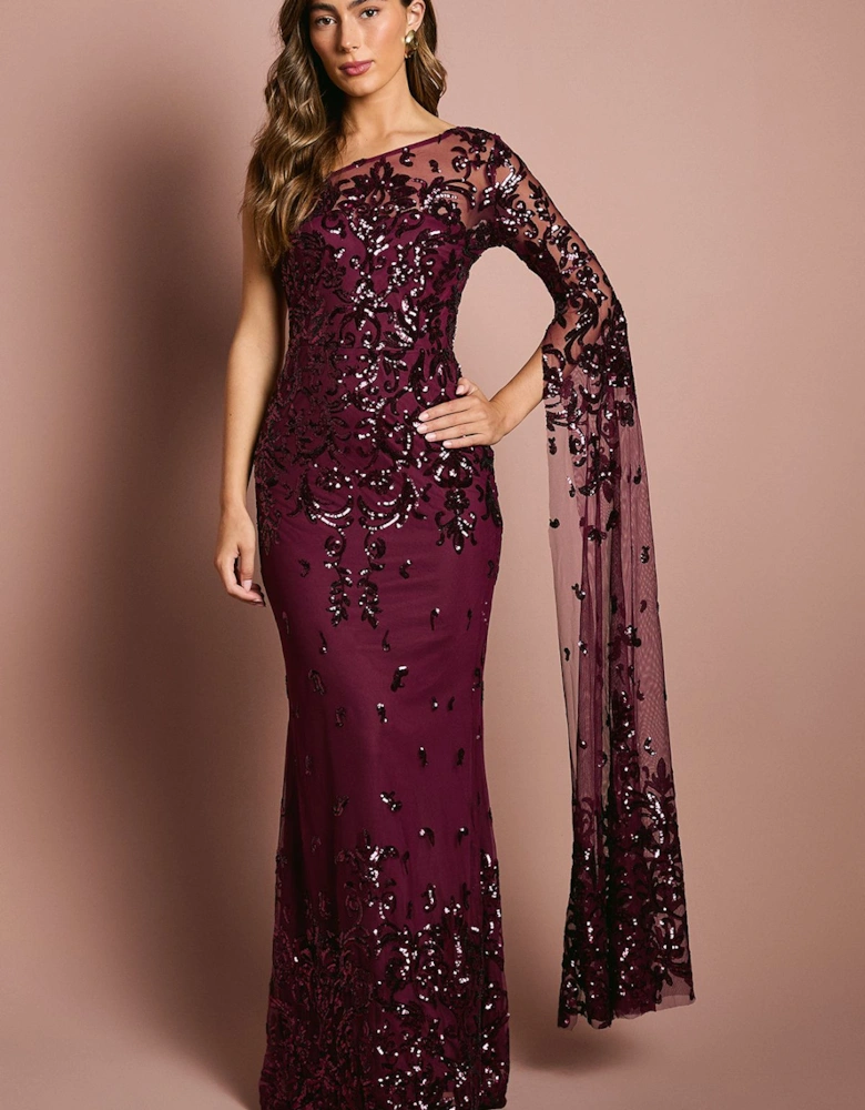 One Shoulder Maxi Dress In Lace With Cape Sleeve