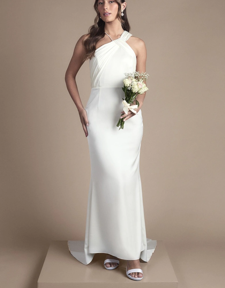 Pleat Detail Halter Neck Fishtail Satin Maxi Wedding Dress