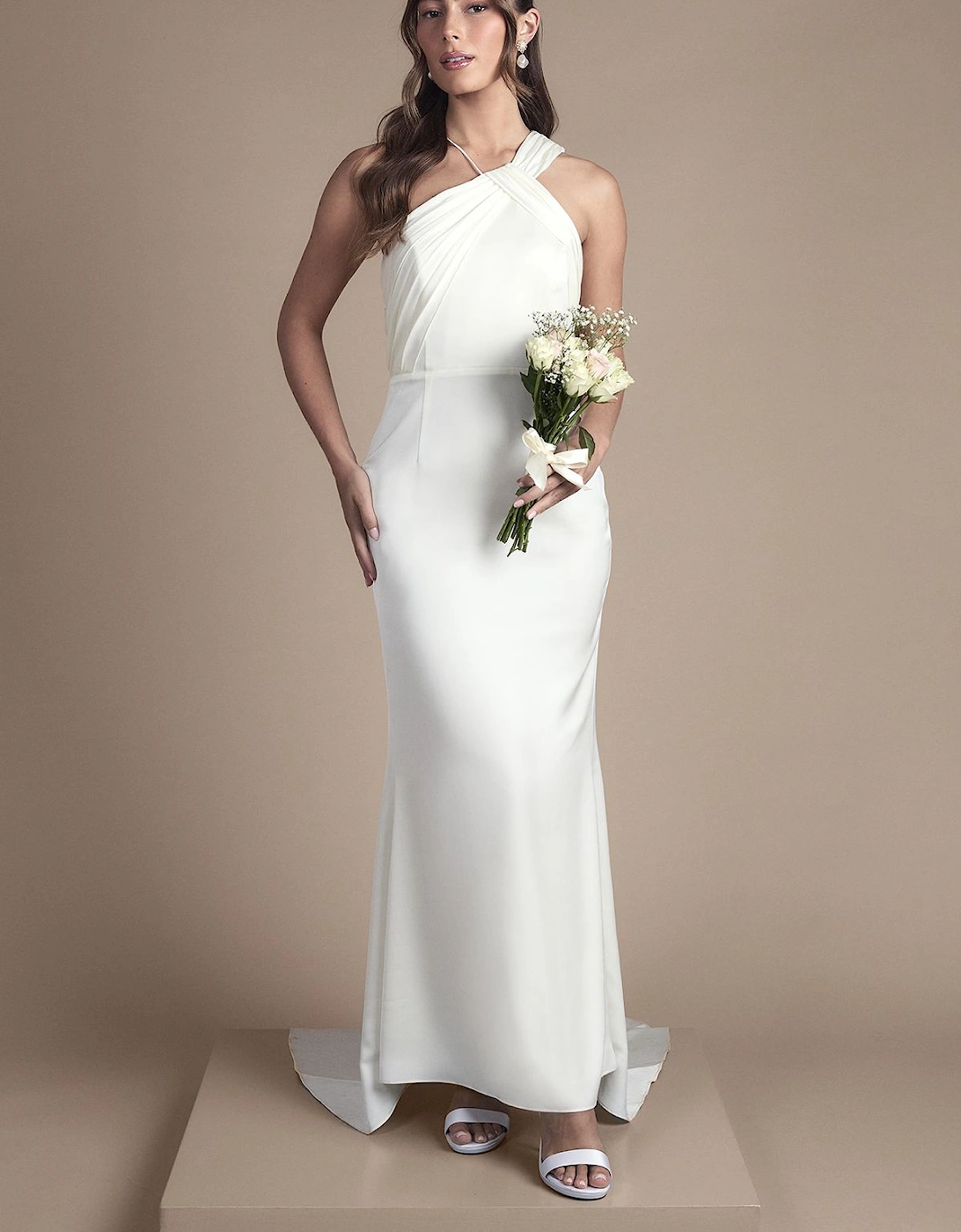 Pleat Detail Halter Neck Fishtail Satin Maxi Wedding Dress, 2 of 1