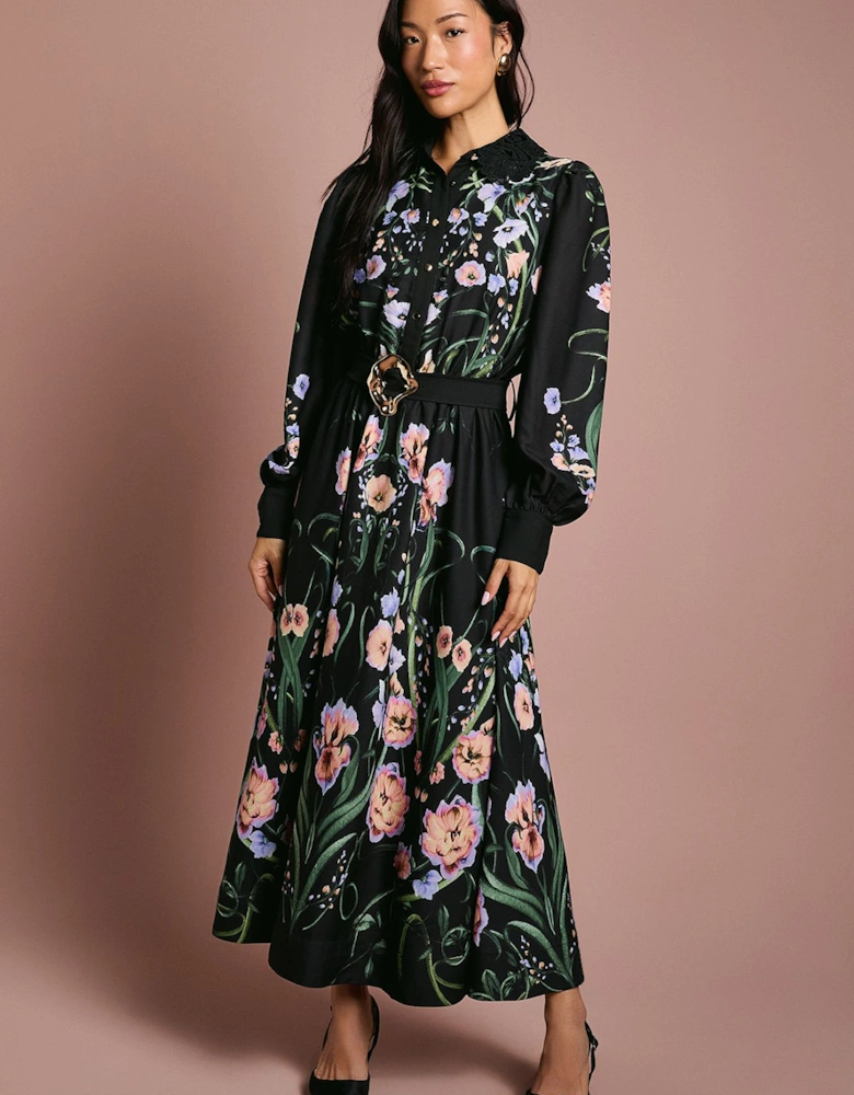 Long Sleeve Placement Print Shirt Dress With Lace Trims