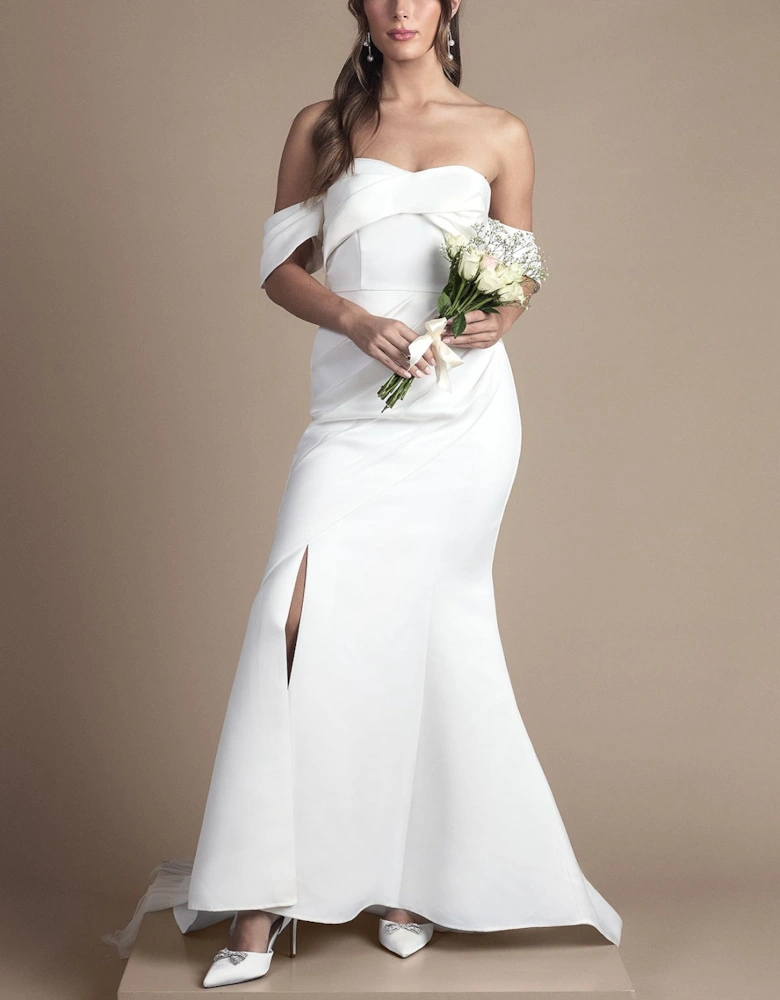 Bardot Twist Structured Satin Maxi Wedding Dress with Fishtail Train