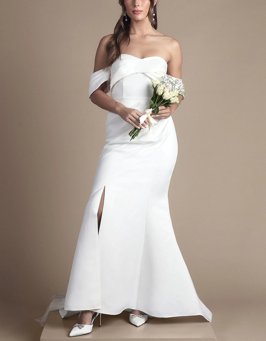 Bardot Twist Structured Satin Maxi Wedding Dress with Fishtail Train, 2 of 1