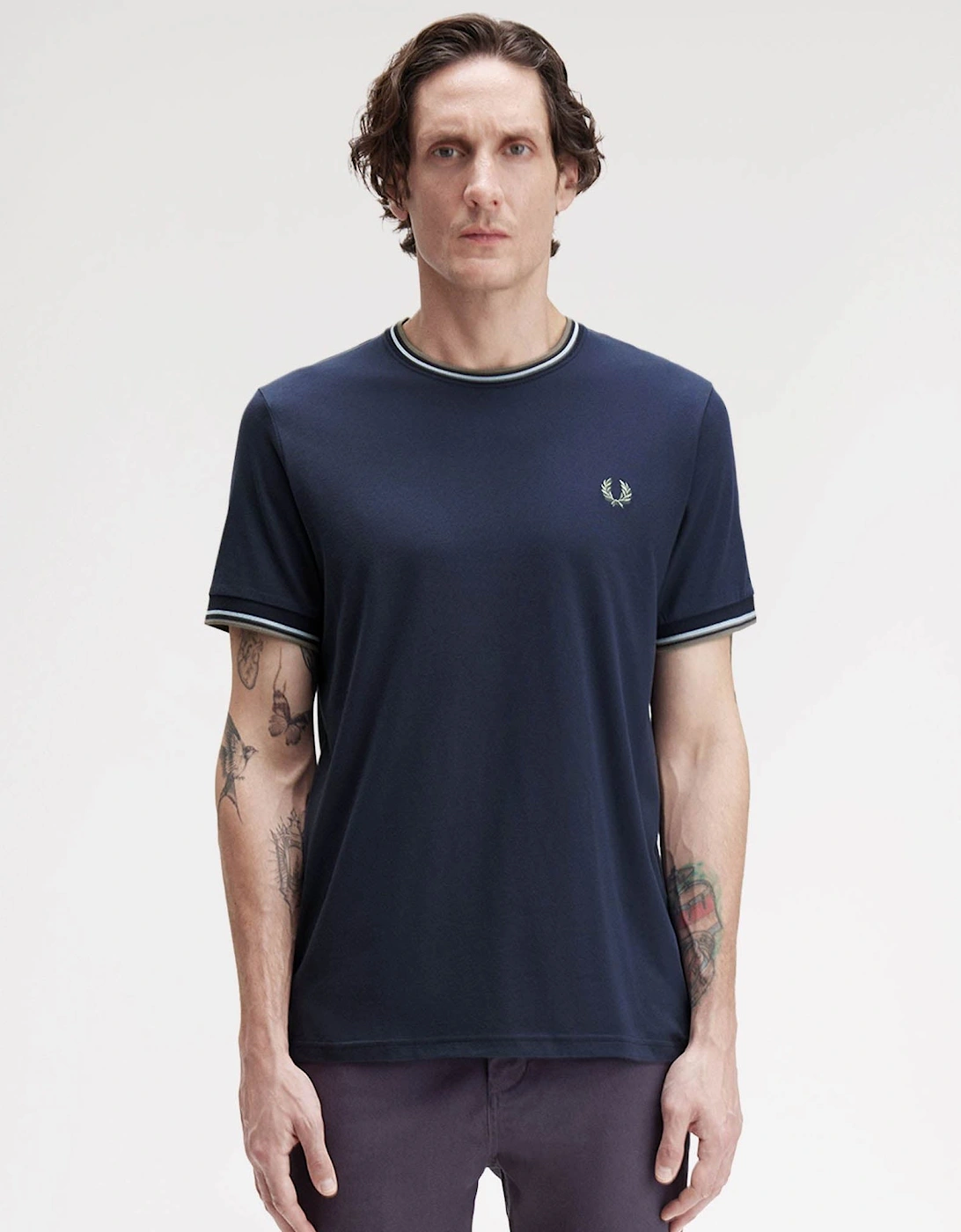 Fred Perry Men's Navy Twin Tipped T-Shirt - Dark Airforce/Light Ice/Bayleaf Z47 - : 38 M