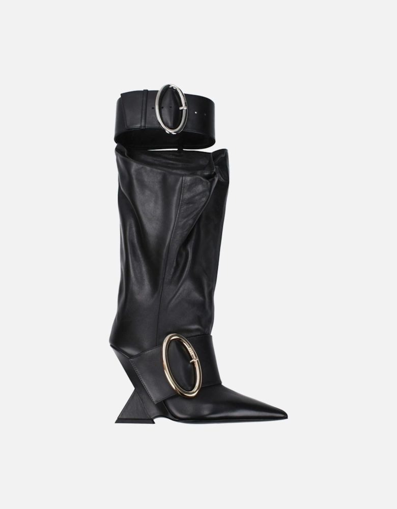 Pointy Toe Leather Wedge Boots Women - Black