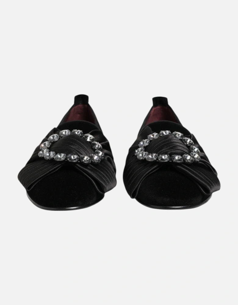 Velvet Loafers with Crystal Ribbon Brooch Women - Black Flat Shoes