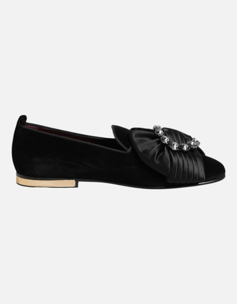 Velvet Loafers with Crystal Ribbon Brooch Women - Black Flat Shoes