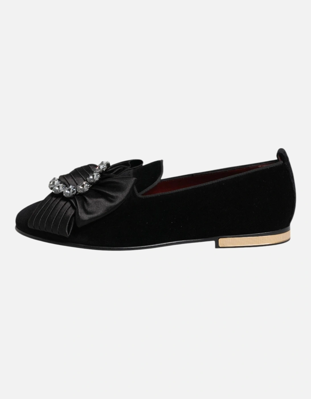 Velvet Loafers with Crystal Ribbon Brooch Women - Black Flat Shoes