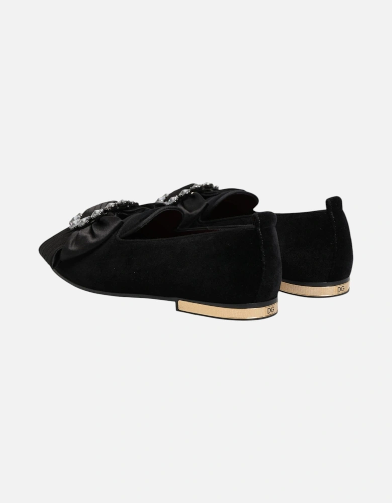 Velvet Loafers with Crystal Ribbon Brooch Women - Black Flat Shoes