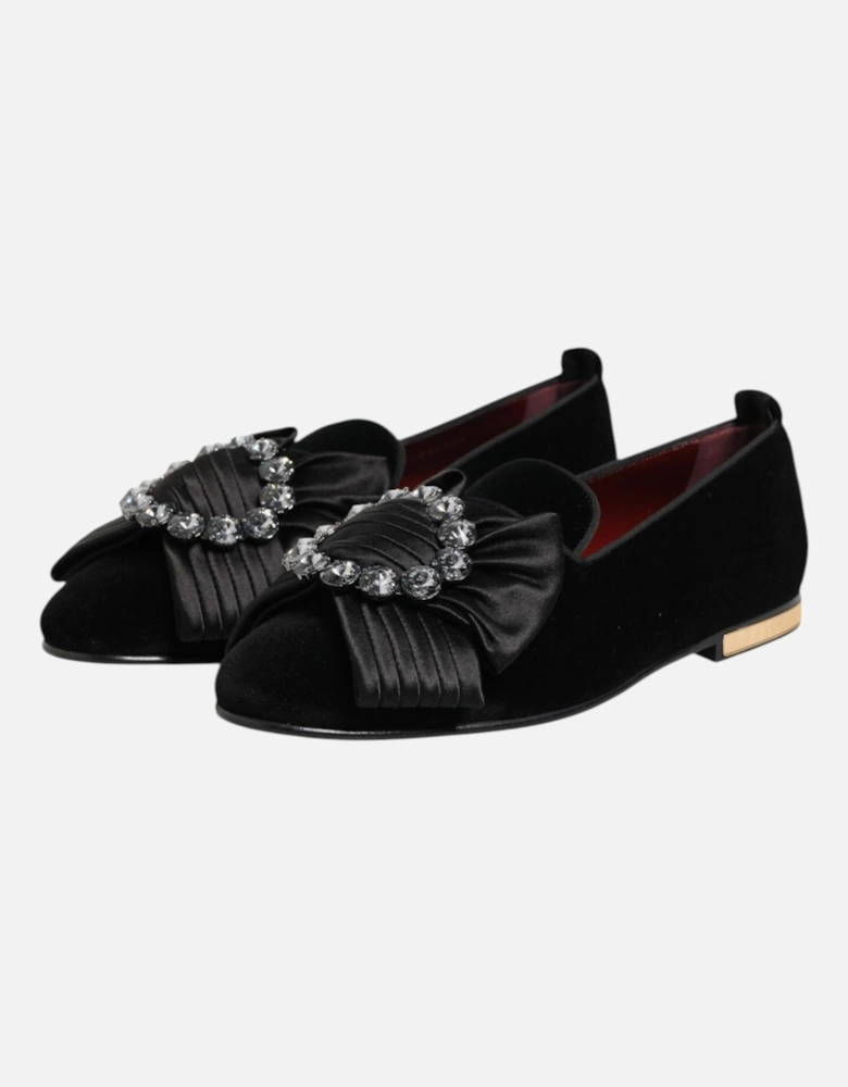 Velvet Loafers with Crystal Ribbon Brooch Women - Black Flat Shoes