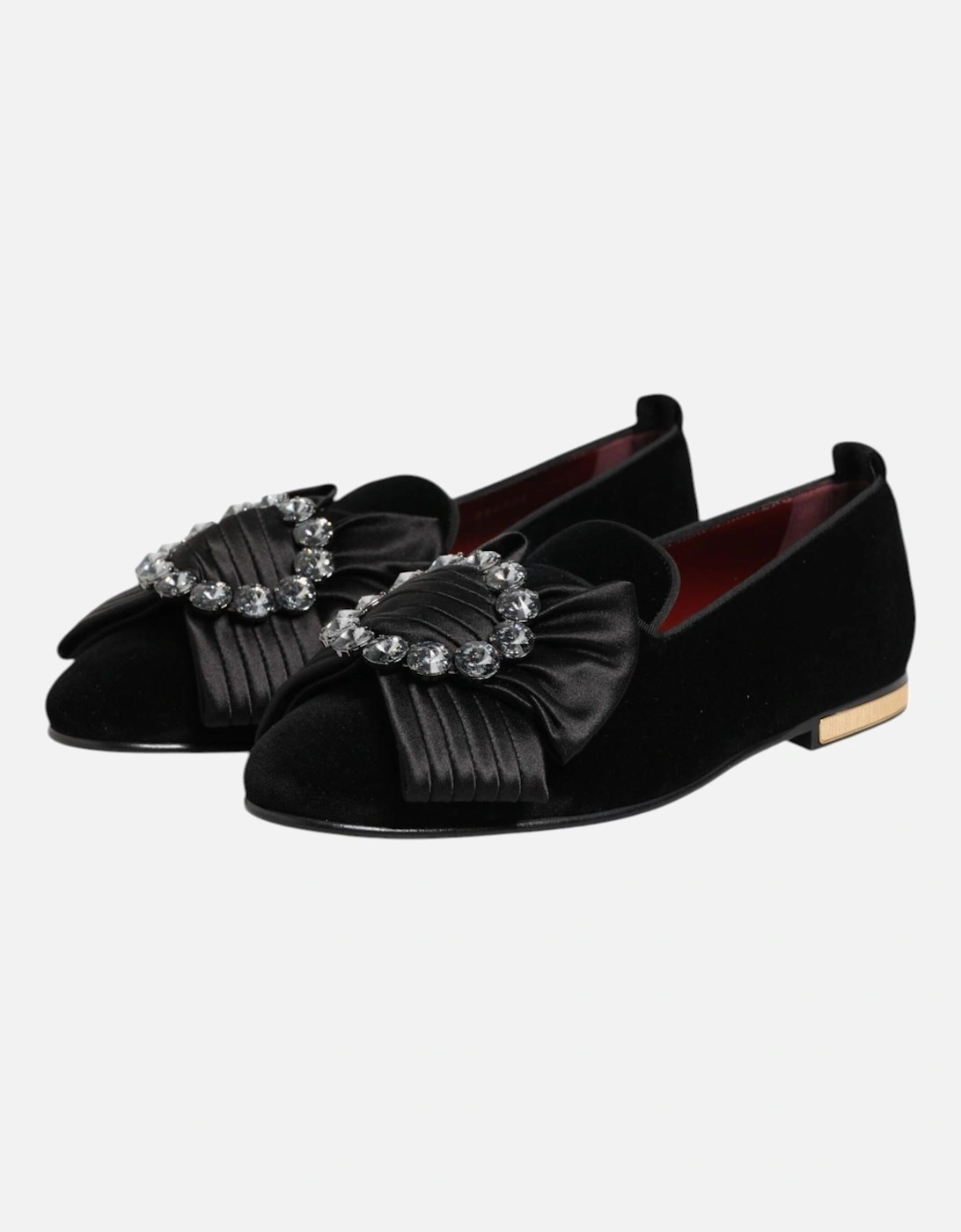 Velvet Loafers with Crystal Ribbon Brooch Women - Black Flat Shoes