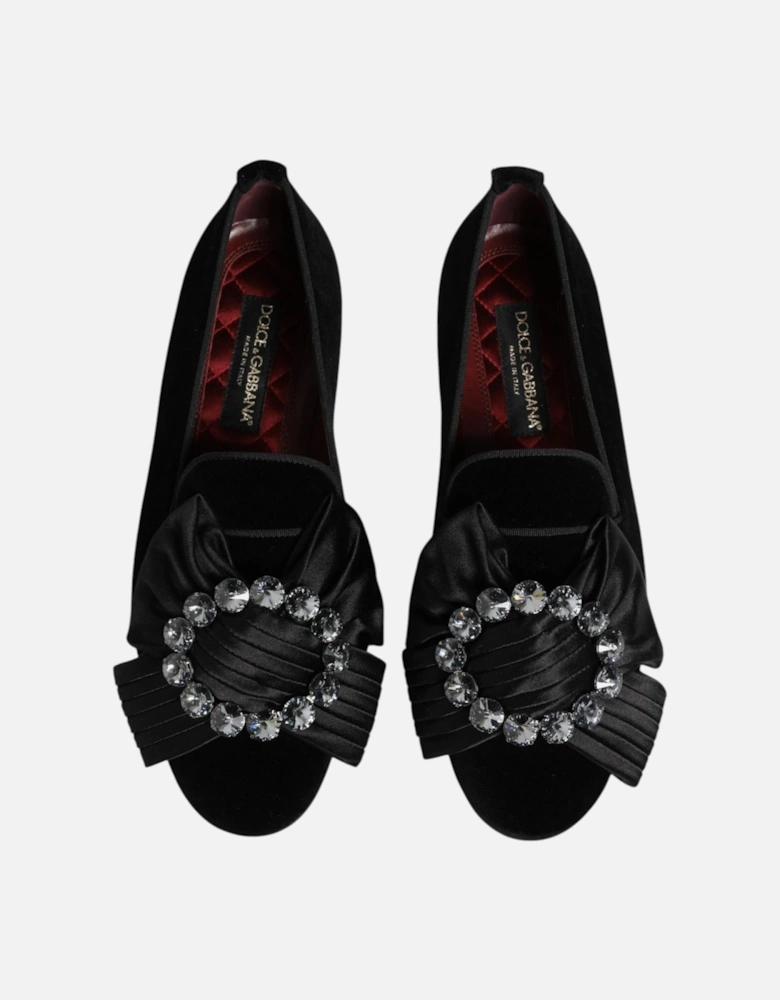 Velvet Loafers with Crystal Ribbon Brooch Women - Black Flat Shoes