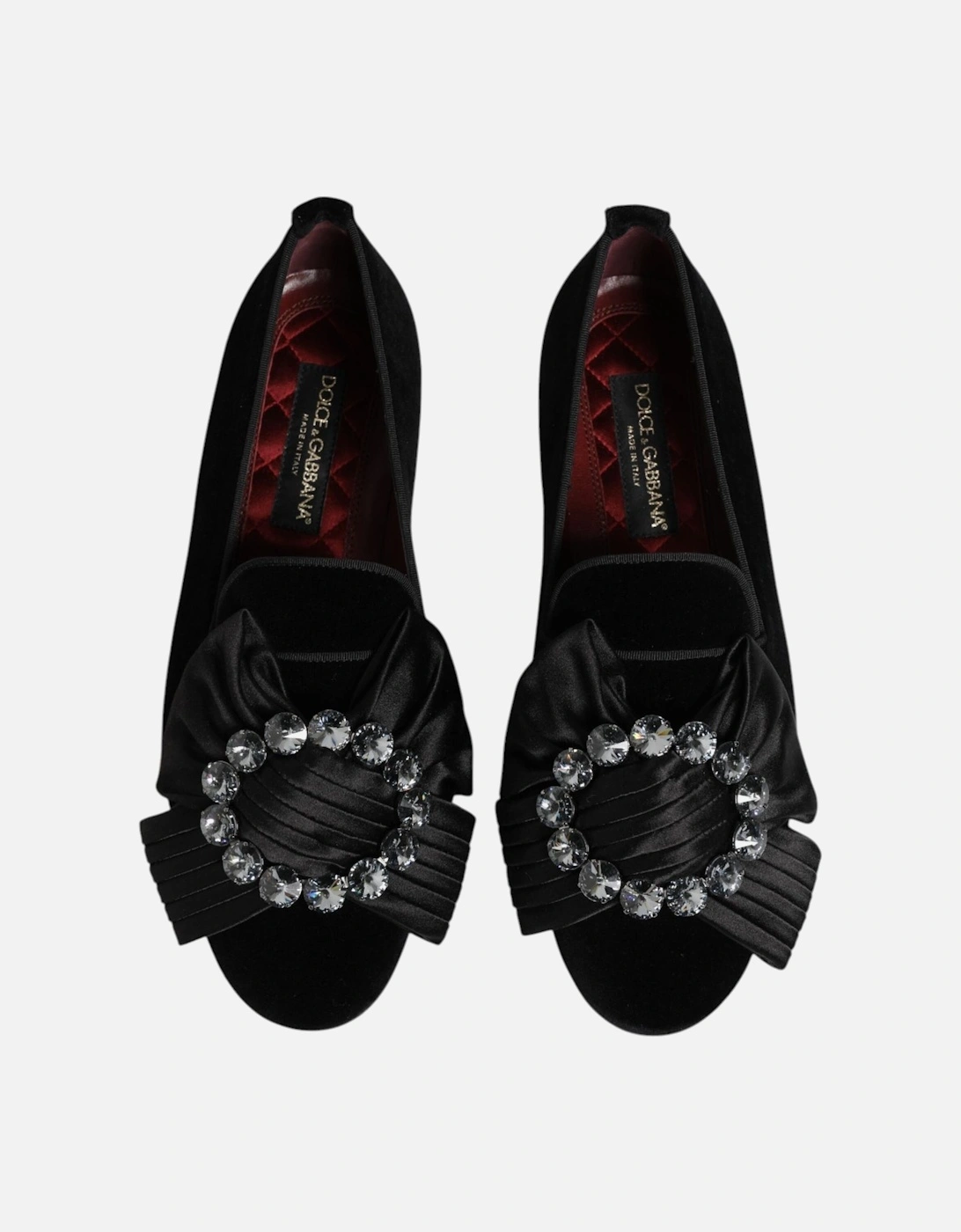 Velvet Loafers with Crystal Ribbon Brooch Women - Black Flat Shoes