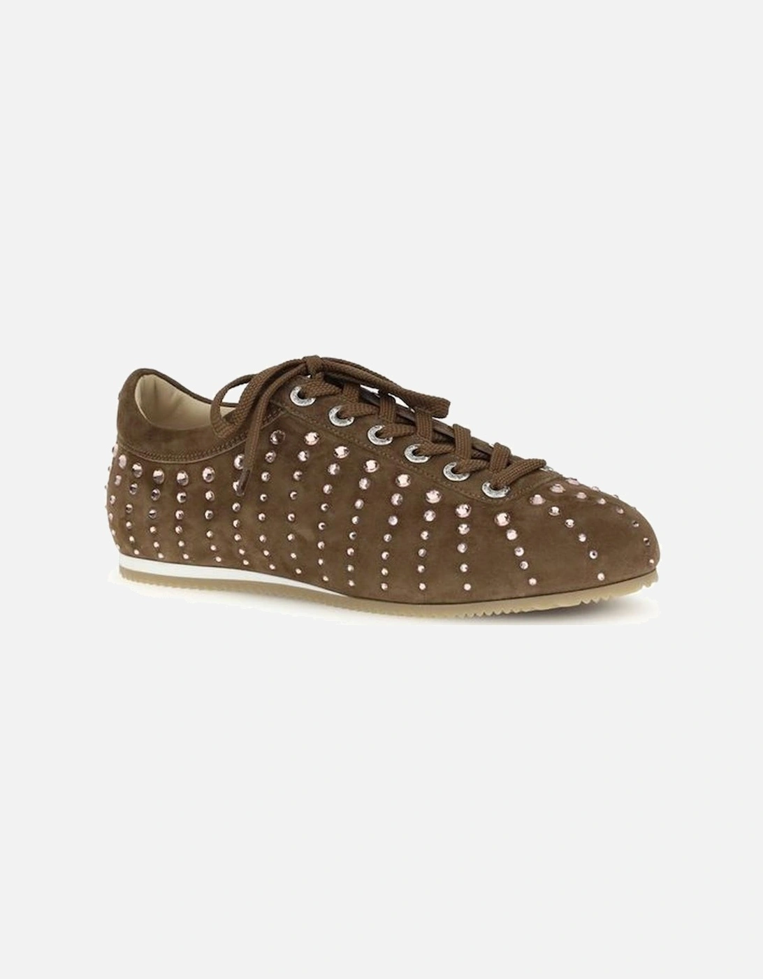 Crystal Embellished Suede Sneakers with Round Studs Women - Brown