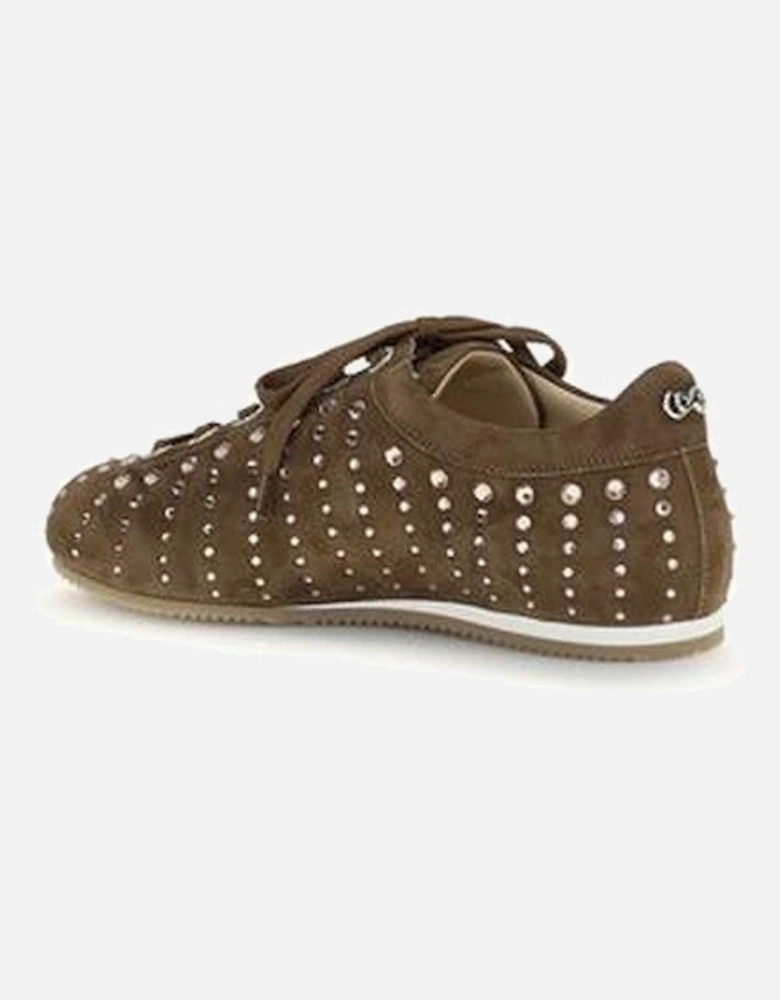 Crystal Embellished Suede Sneakers with Round Studs Women - Brown