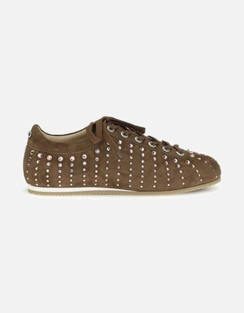 Crystal Embellished Suede Sneakers with Round Studs Women - Brown