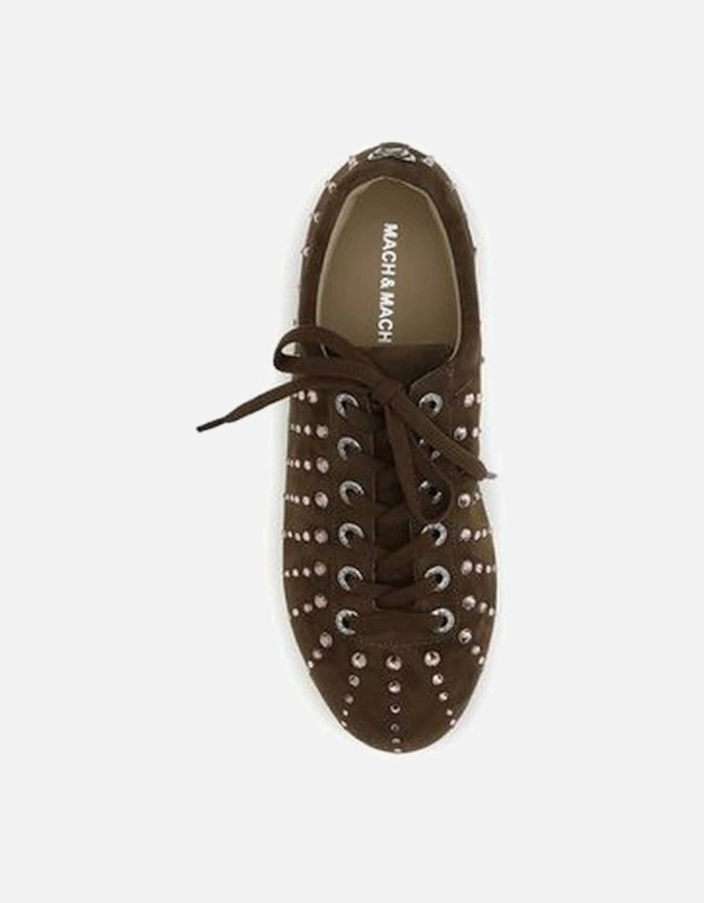Crystal Embellished Suede Sneakers with Round Studs Women - Brown