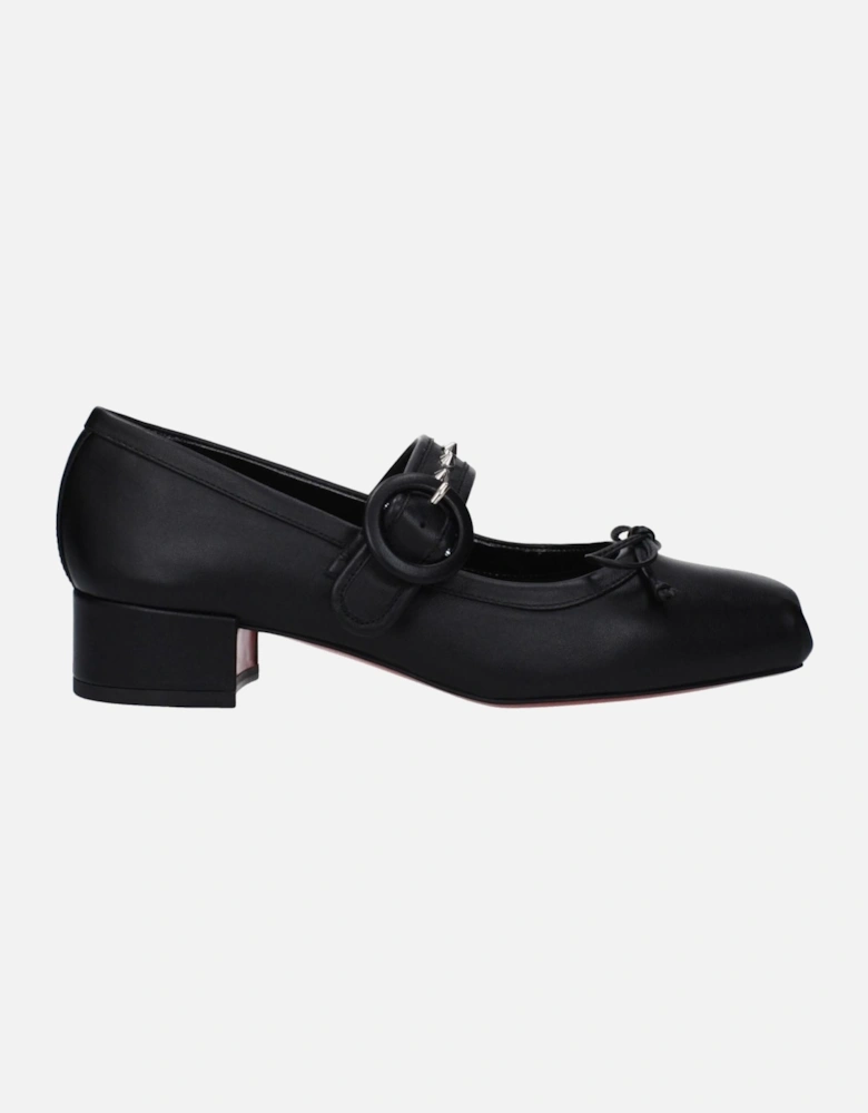 Studded Leather Mid Heel Pumps with Buckle Closure Women - Black