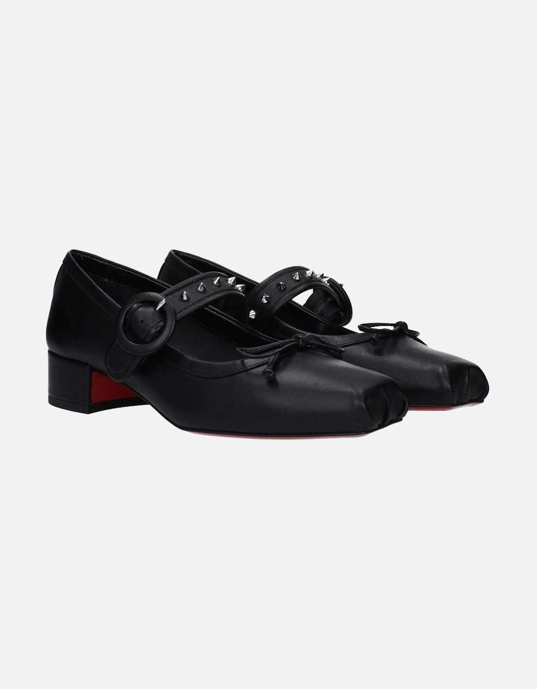Studded Leather Mid Heel Pumps with Buckle Closure Women - Black