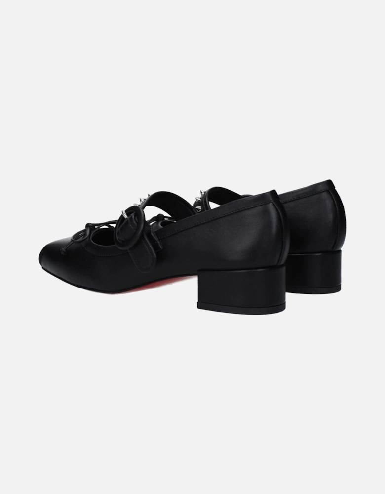 Studded Leather Mid Heel Pumps with Buckle Closure Women - Black