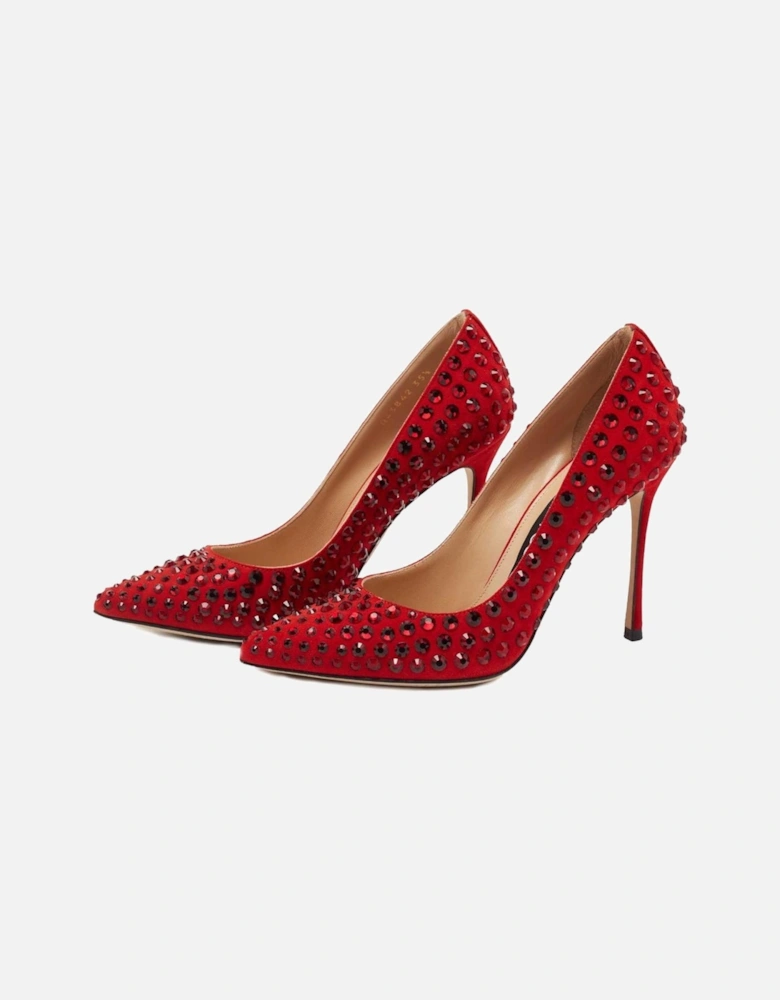 Suede Calfskin Rhinestone Embellished Decollete Women - Red Pumps