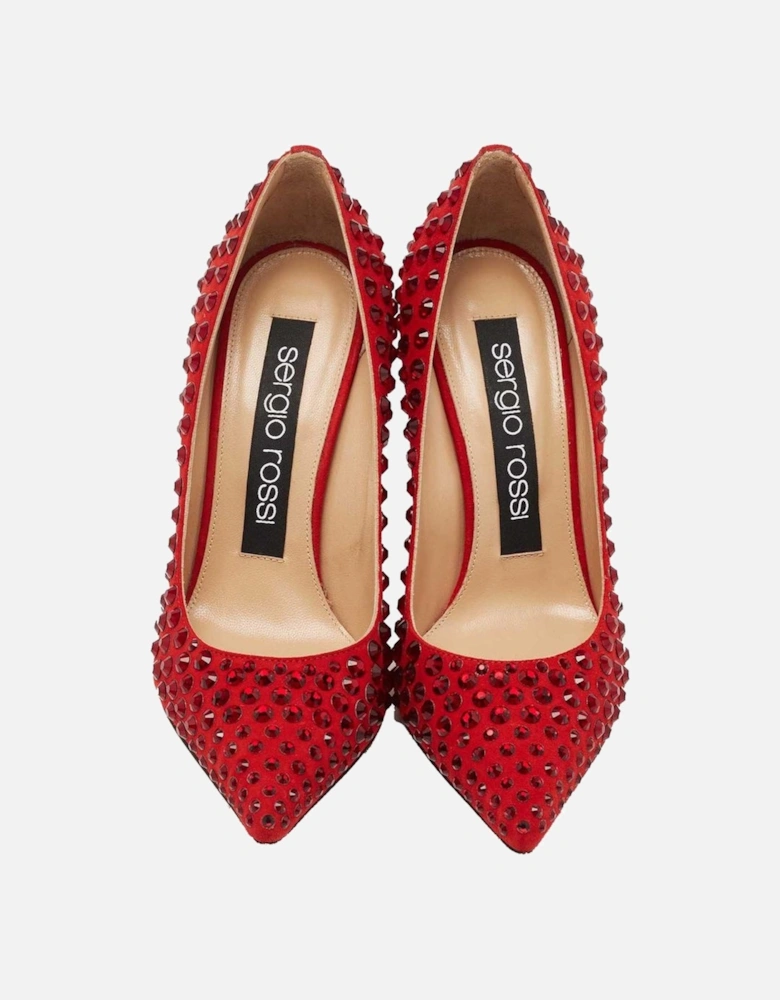 Suede Calfskin Rhinestone Embellished Decollete Women - Red Pumps