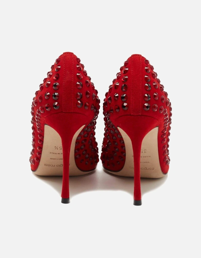 Suede Calfskin Rhinestone Embellished Decollete Women - Red Pumps
