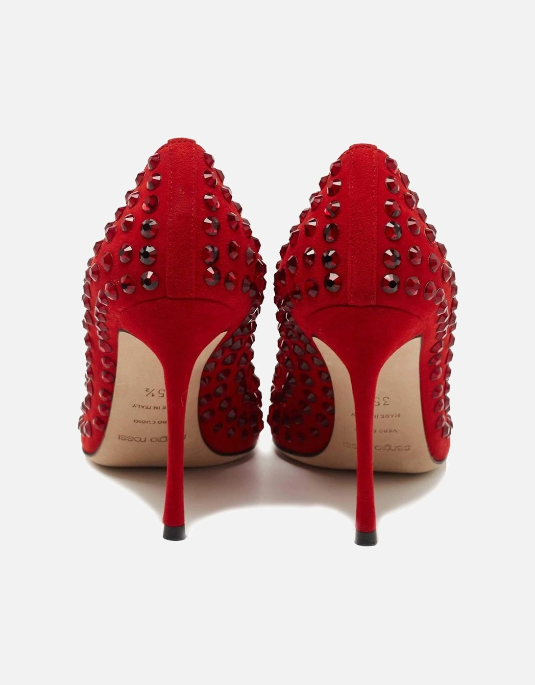 Suede Calfskin Rhinestone Embellished Decollete Women - Red Pumps