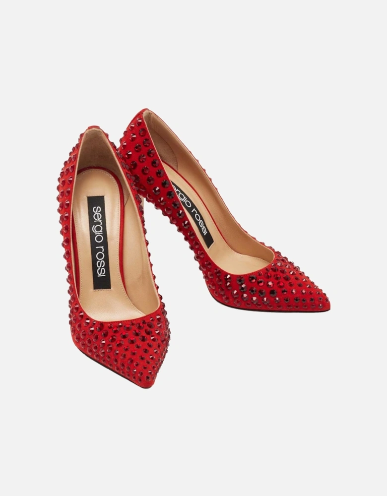 Suede Calfskin Rhinestone Embellished Decollete Women - Red Pumps