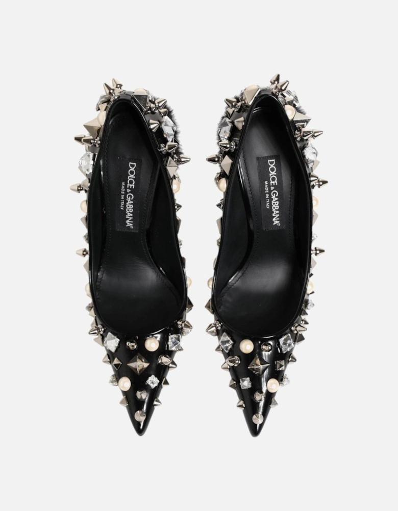 Embellished Leather Heels Pumps with Crystals Women - Black
