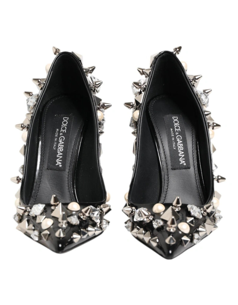 Embellished Leather Heels Pumps with Crystals Women - Black