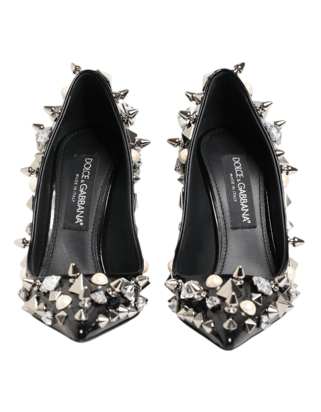 Embellished Leather Heels Pumps with Crystals Women - Black