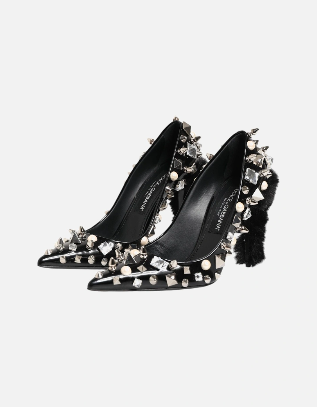 Embellished Leather Heels Pumps with Crystals Women - Black