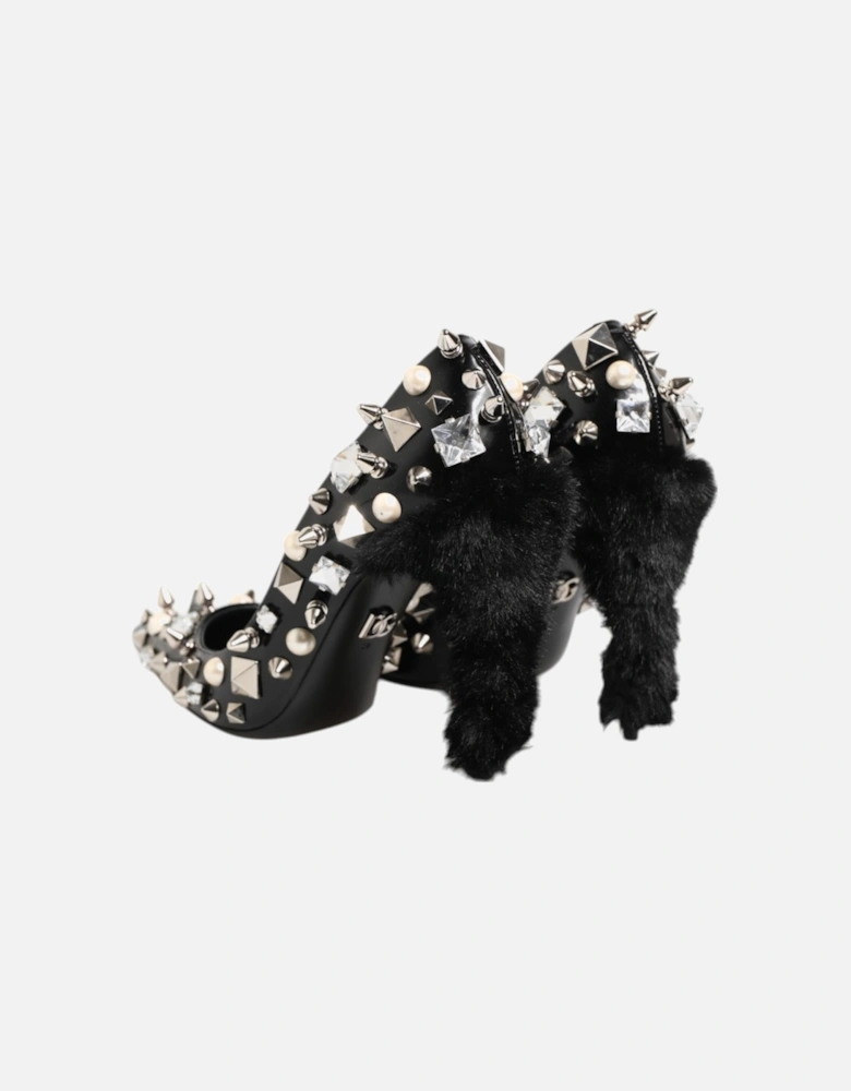Embellished Leather Heels Pumps with Crystals Women - Black