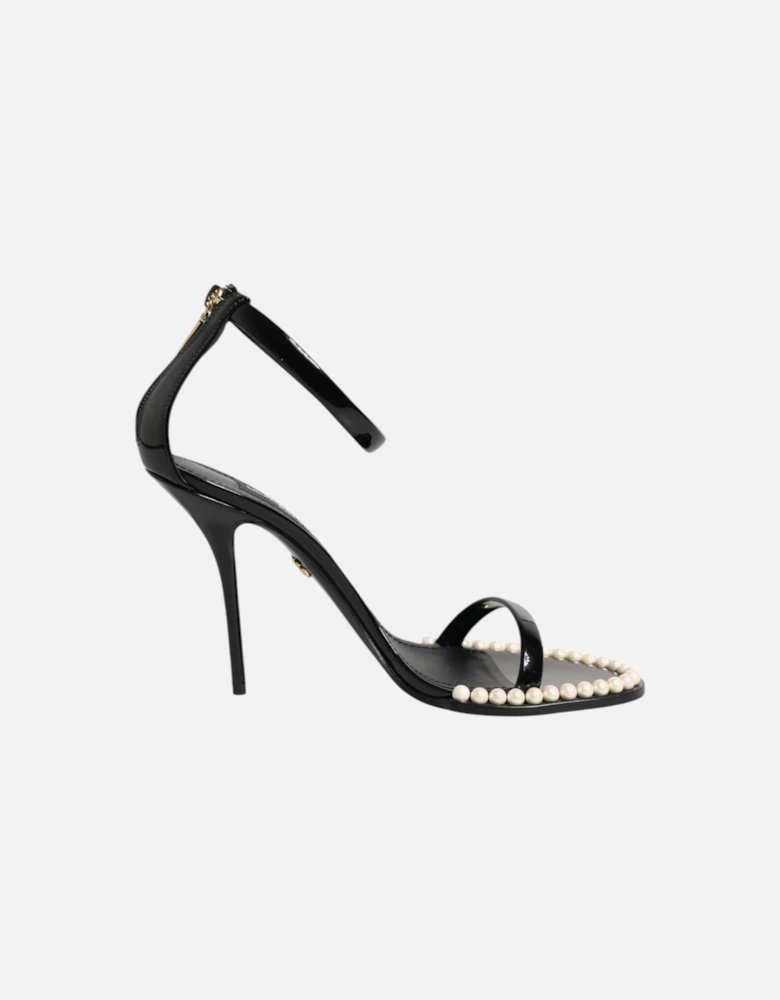 Patent Leather Pearl Embellished Ankle Strap Sandals Women - Black
